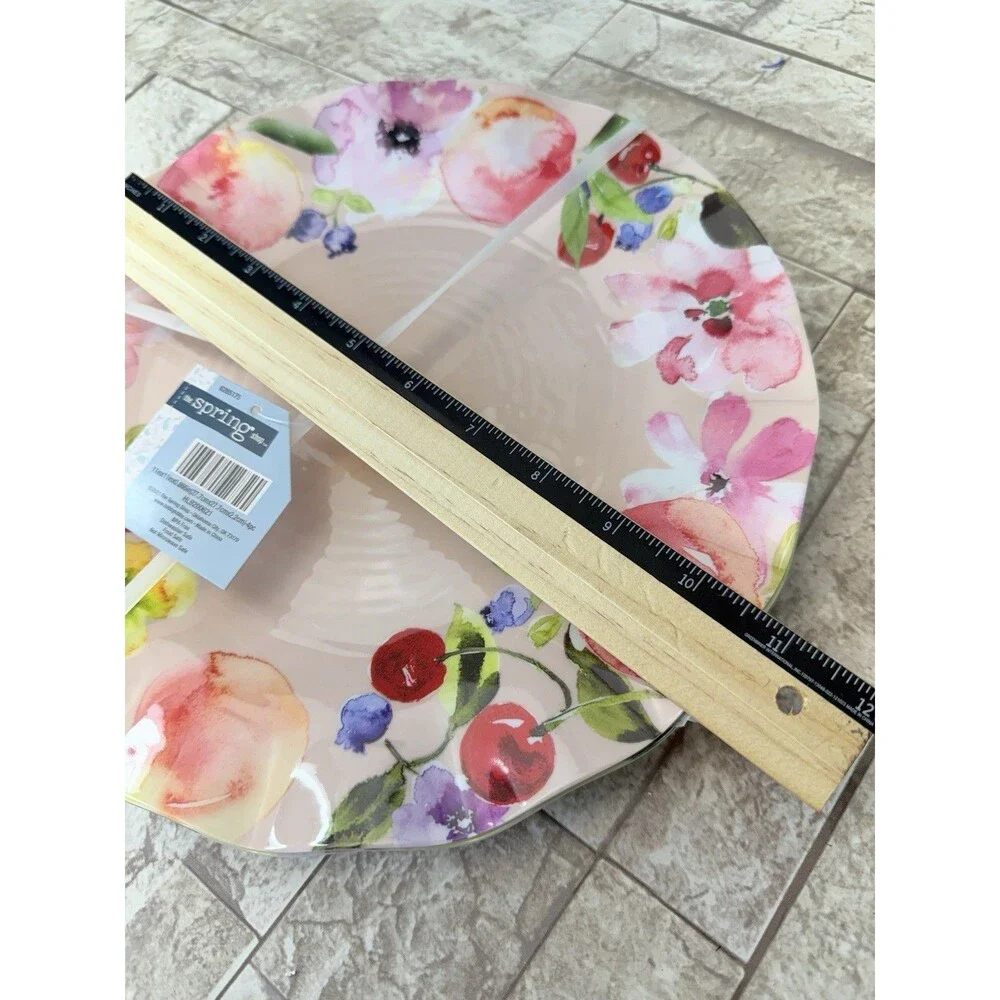 New Set 4 Melamine Dessert Plates 10” Easy Clean Design Fruit & Flower